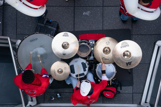 Members St. John's University Pep Band perform in the Vessel during a "Battle of the Bands" in Hudson Yards Wednesday, March 11, 2026 in Manhattan, New York. The Battle of the Bands" features marching bands from teams competing in the 2026 BIG EAST Men's Basketball Tournament. (Barry Williams/ New York Daily News)