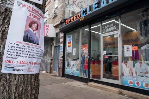 The building where Sheila Ramsey was found dead in 1990, now a cleaning shop, is pictured Wednesday, March 3, 2026 in Brooklyn, New York. (Barry Williams/ New York Daily News)