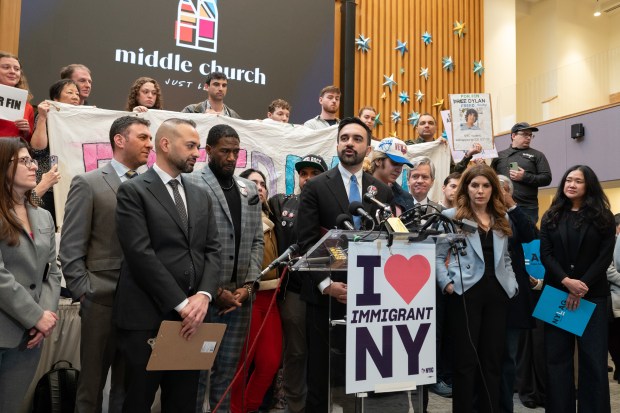 Mayor Zohran Mamdani speaks during a press conference at Middle Church welcoming Dylan Lopez Contreras home from ICE detention Wednesday, March 19, 2026 in Brooklyn, New York. (Barry Williams/ New York Daily News)