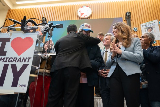 Mayor Zohran Mamdani hugs Dylan Lopez Contreras' hand during a press conference at Middle Church welcoming him home from ICE detention Wednesday, March 19, 2026 in Brooklyn, New York. (Barry Williams/ New York Daily News)