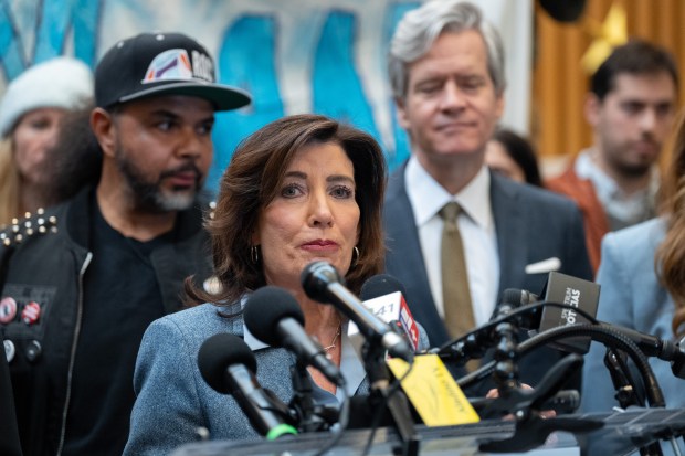 Gov. Kathy Hochul speaks during a press conference at Middle Church welcoming Dylan Lopez Contreras home from ICE detention Wednesday, March 19, 2026 in Brooklyn, New York. (Barry Williams/ New York Daily News)