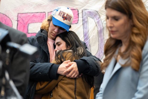 Dylan Lopez Contreras gets a hug from his mother, Raiza Contreras, during a press conference at Middle Church welcoming Dylan Lopez Contreras home from ICE detention Wednesday, March 19, 2026 in Brooklyn, New York. (Barry Williams/ New York Daily News)