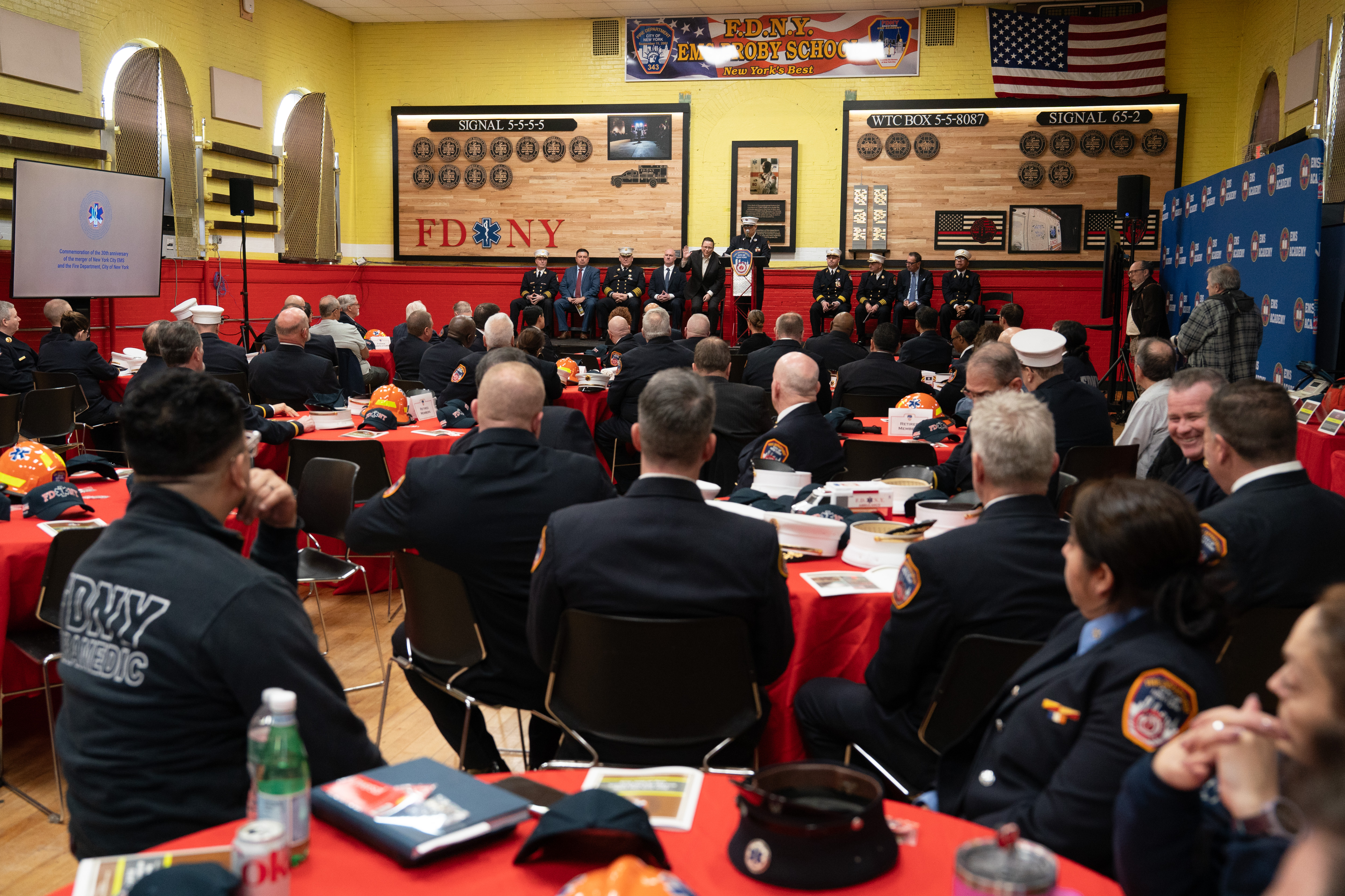Captain Randy Li speaks during a ceremony commemorating the 30th anniversary of the merger of NYC Health and Hospitals EMS with FDNY at the FDNY EMS Bureau of Training in Ft. Totten Park on Monday, March 16, 2026 in Queens, New York. (Barry Williams/ New York Daily News)