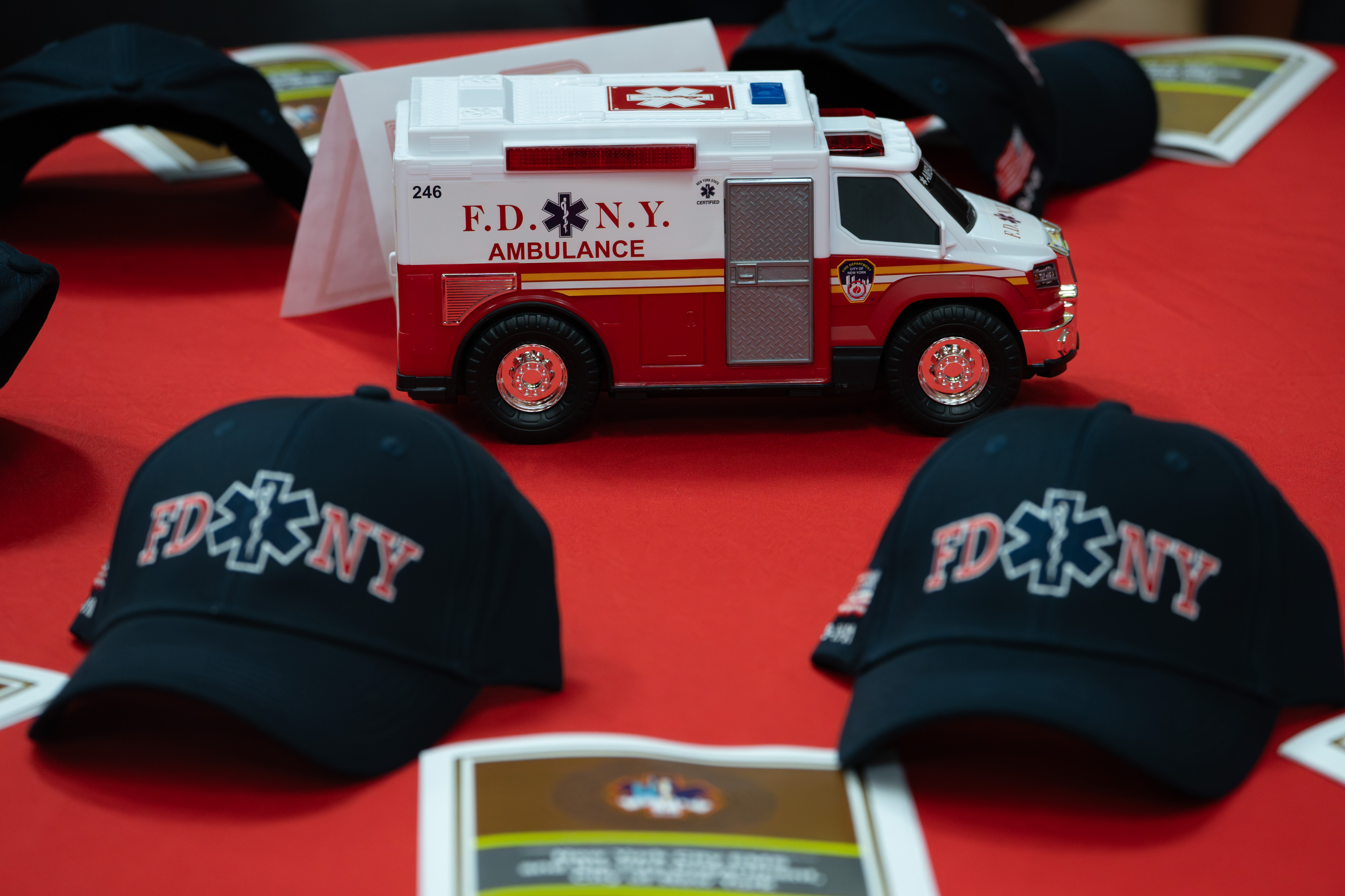 A commemorative FDNY ambulance is pictured before the ceremony commemorating the 30th anniversary of the merger of NYC Health and Hospitals EMS with FDNY at the FDNY EMS Bureau of Training in Ft. Totten Park on Monday, March 16, 2026 in Queens, New York. (Barry Williams/ New York Daily News)