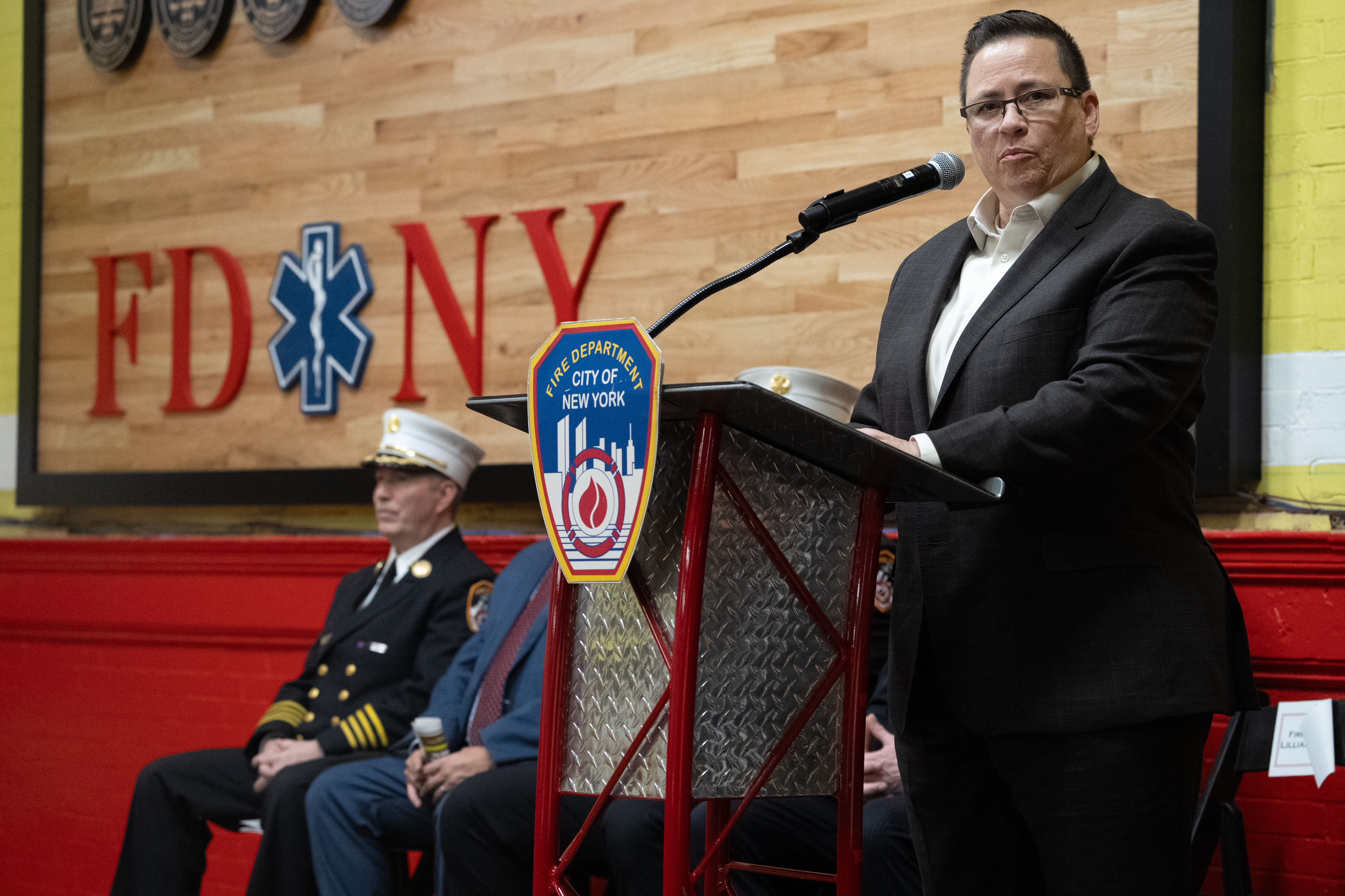 FDNY Commissioner Lillian Bonsignore speaks during a ceremony commemorating the 30th anniversary of the merger of NYC Health and Hospitals EMS with FDNY at the FDNY EMS Bureau of Training in Ft. Totten Park on Monday, March 16, 2026 in Queens, New York. (Barry Williams/ New York Daily News)