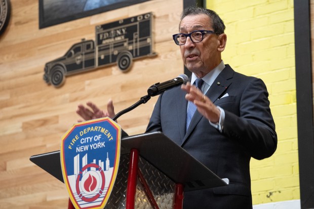 Daniel Nigro speaks during a ceremony commemorating the 30th anniversary of the merger of NYC Health and Hospitals EMS with FDNY at the FDNY EMS Bureau of Training in Ft. Totten Park on Monday, March 16, 2026 in Queens, New York. (Barry Williams/ New York Daily News)