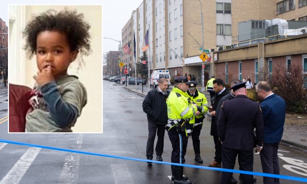 The NYPD Highway Patrol investigates after 4-year-old Zachariah Padilla (inset) was fatally struck by a hit-and-run driver outside Brookdale Hospital on Rockaway Parkway in Brooklyn on Thursday.