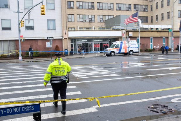 The NYPD Highway Patrol investigates after a child was fatally struck by a vehicle outside Brookdale Hospital on Rockaway Parkway and Linden Boulevard in Brooklyn, New York on Thursday, March 5, 2026. (Gardiner Anderson / New York Daily News)