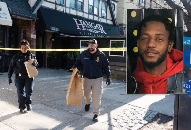 Police investigate the fatal shooting of Demitri McKay Jr. (inset) at Hangar 11 on Metropolitan Ave. in Kew Gardens, Queens, on Tuesday, March 24, 2026. (Gardiner Anderson / New York Daily News; Facebook)