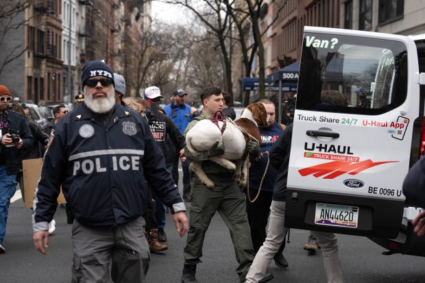 Far right-wing influencer Jake Lang gets into his van along with a goat n near Gracie Mansion Saturday, March 7, 2026 in Manhattan, New York. (Barry Williams/ New York Daily News)