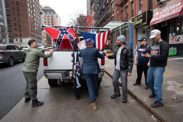 Jan. 6 rioter and far-right influencer Jake Lang (left) is pictured before a pig roast on the Upper East Side of Manhattan on Saturday, March 7, 2026. (Barry Williams / New York Daily News)