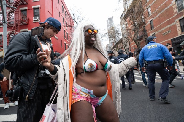 "Crackhead Barney" demonstrates against Jake Lang near Gracie Mansion Saturday, March 7, 2026 in Manhattan, New York. (Barry Williams/ New York Daily News)