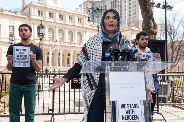 Nerdeen Kiswani, a prominent New York City-based pro-Palestinian activist, speaks during a press conference in City Hall Park on Monday, March 30, 2026, in Manhattan, New York. (Barry Williams/ New York Daily News)