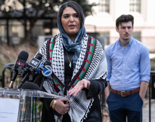 Nerdeen Kiswani, a prominent New York City-based pro-Palestinian activist, speaks during a press conference in City Hall Park on Monday, March 30, 2026, in Manhattan, New York. (Barry Williams/ New York Daily News)