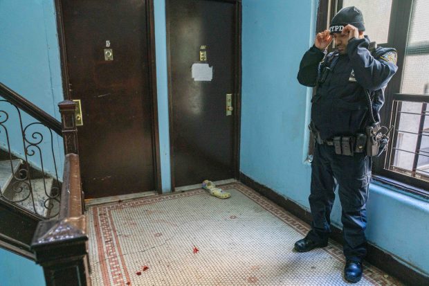Police investigate inside the apartment building on Sherman Ave. near E. 163rd St. in the Bronx on Saturday.
