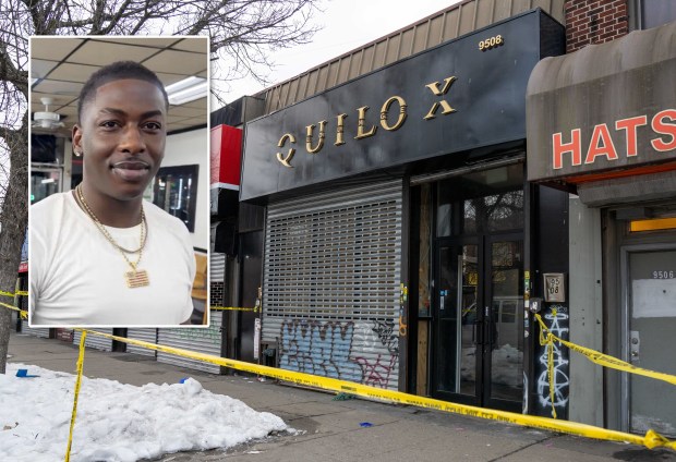 Sheriff Shittu, inset, a Nigerian fashion designer, was fatally shot during a birthday party at the Quilox Lounge in East Flatbush, Brooklyn, on Saturday, Feb. 14, 2026. (Theodore Parisienne / New York Daily News; Courtesy of Family)