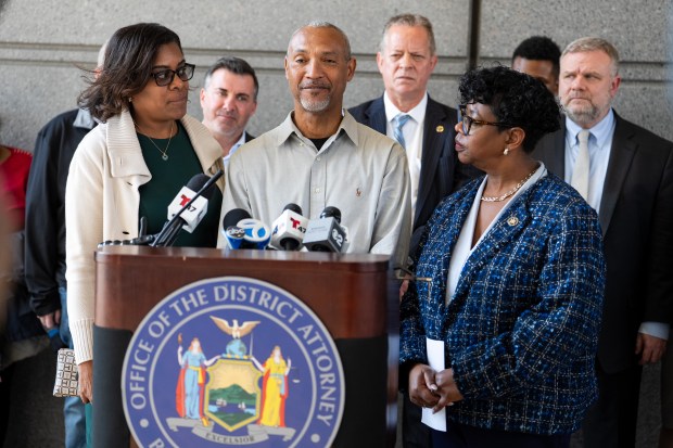 Minerliz Soriano's father, Luis Soriano, speaks to the media alongside Bronx DA Darcel Clark after the sentencing of Joseph Martinez (Jupiter Joe) for the 1999 murder of 13-year-old Minerliz Soriano Thursday, March 26, 2026 in the Bronx, New York. (Barry Williams/ New York Daily News)