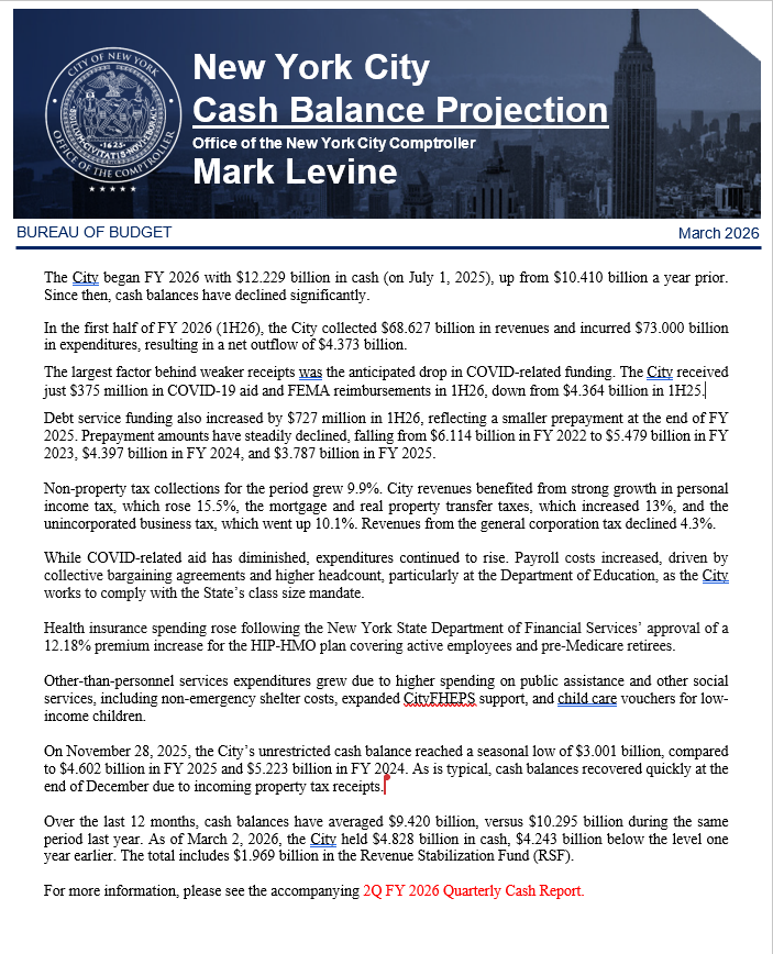 New York City Cash Balance Projection March 1, 2026