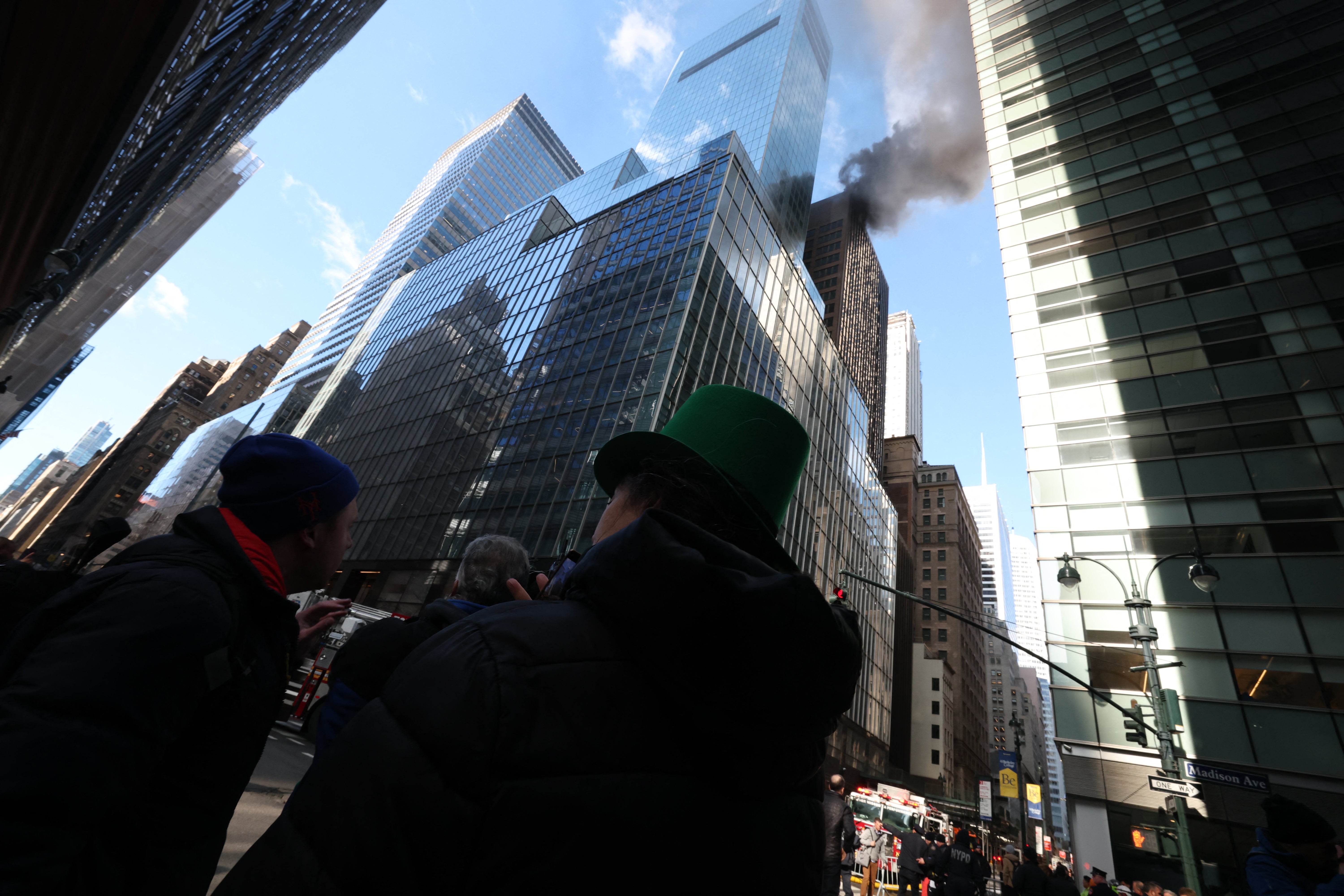 Video shared online showed a tall plume of black smoke coming from the roof of a building at 6 East 43rd Street