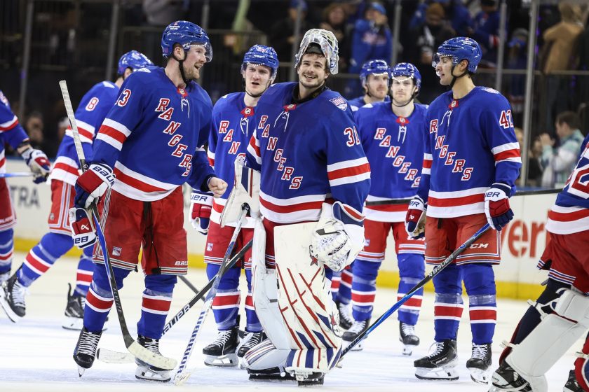 Feb 28, 2026; New York, New York, USA; New York Rangers goaltender Igor Shesterkin (31) celebrates with his teammates after defeating the Pittsburgh Penguins 3-2 in a shootout at Madison Square Garden.