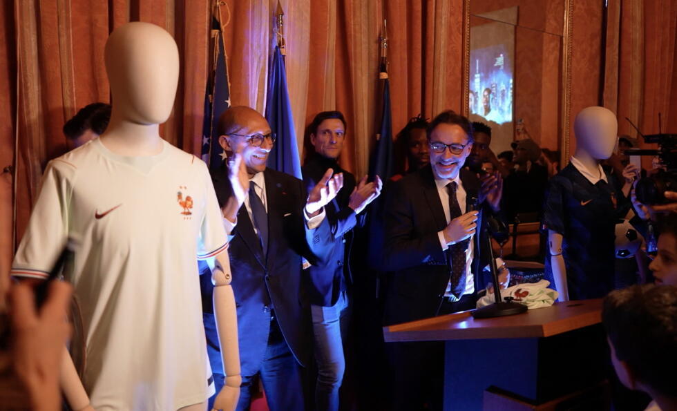 Philippe Diallo (left), president of the French Football Federation, and Cédrik Fouriscot, Consul of France in New York, unveiled the new kit