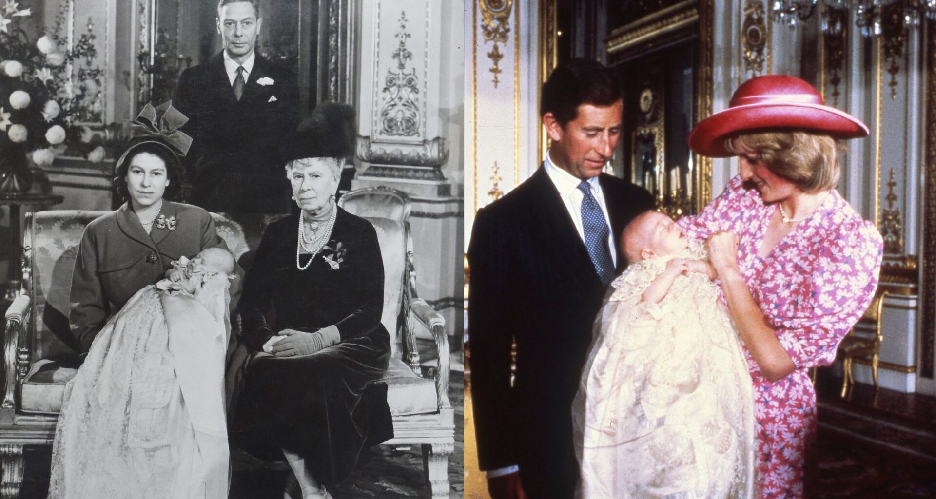 Queen Elizabeth holding King Charles at his christening; Prince Charles and Princess Diana holding Prince William at his christening