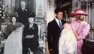 Queen Elizabeth holding King Charles at his christening; Prince Charles and Princess Diana holding Prince William at his christening