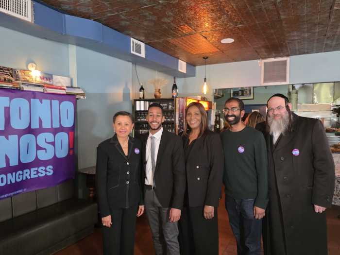 Brooklyn Borough President Antonio Reynoso speaks at La Flor in Woodside after New York State Attorney General Letitia James endorsed his campaign. Photo by Shane O'Brien.