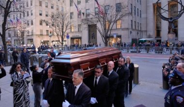 The body of Willie Colon is brought into St. Patrick's Cathedral during his funeral in New York on Monday, March 9, 2026. (AP Photo/Seth Wenig)