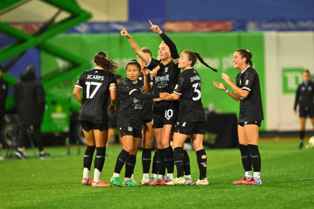 Brooklyn FC women players celebrate together during a match at Maimonides Park
