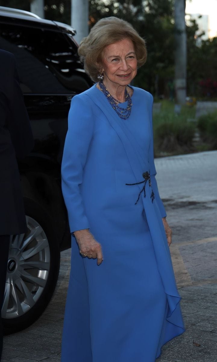 Queen Sofia arriving at the Sophia Awards 2026 gala, held at the Pérez Art Museum Miami