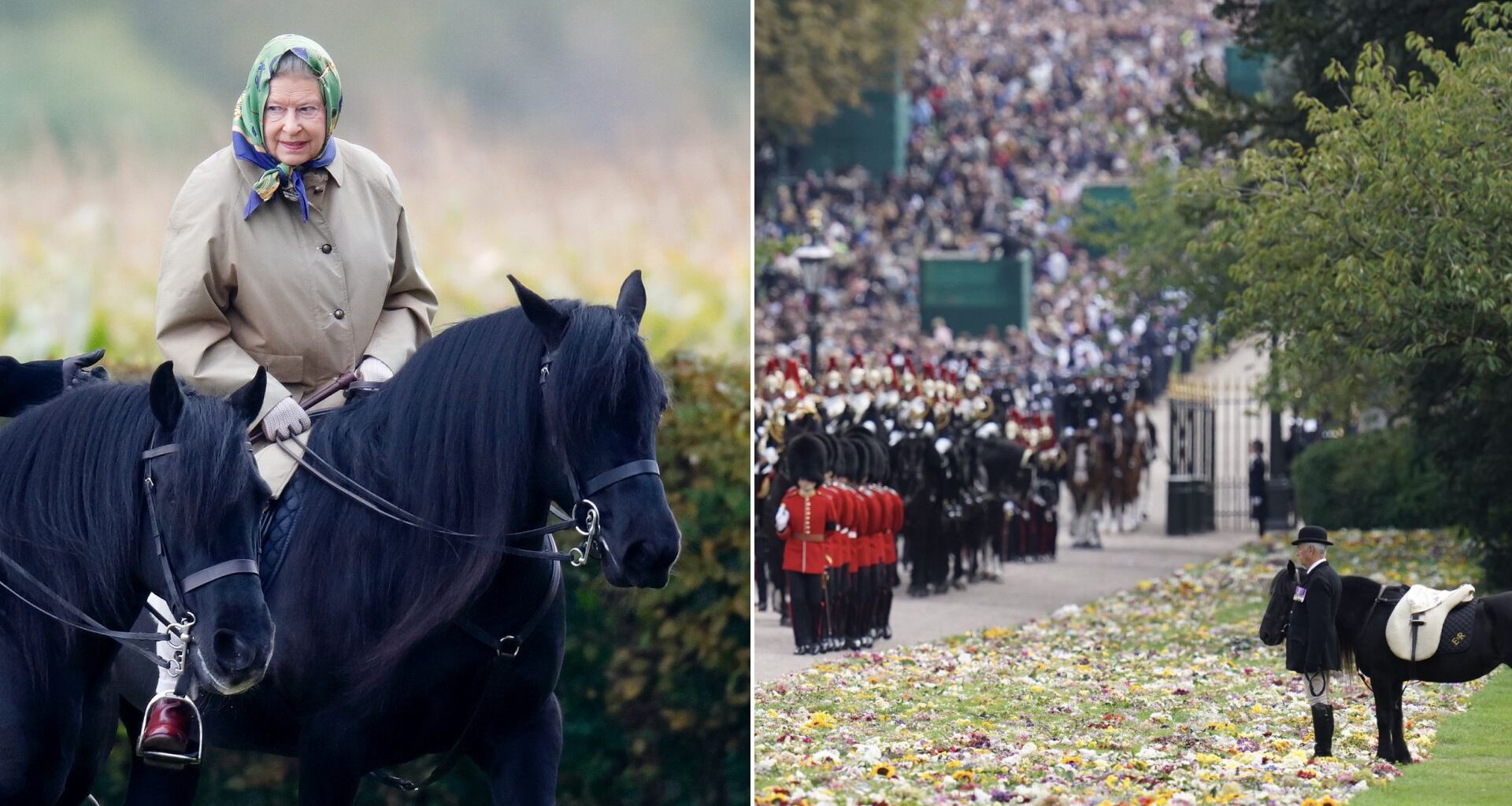 Queen Elizabeth II, accompanied by her Stud Groom Terry Pendry, seen horse riding in the grounds of Windsor Castle on October 18, 2008