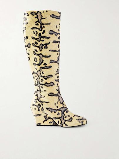 Slant Snake-Effect Leather Knee Boots