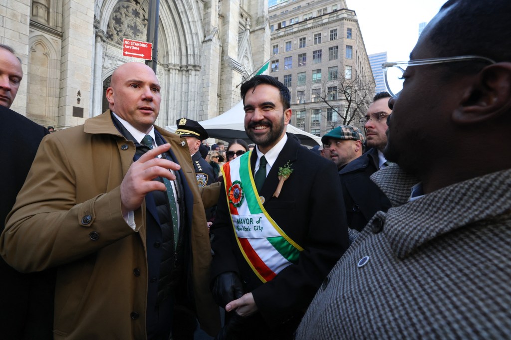 NYC Mayor Zohran Mamdani arrives at St. Patrick's Cathedral during the annual St. Patrick's Day Parade on March 17, 2026.