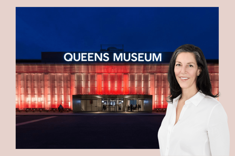 A portrait of a smiling woman in a white button shirt foregrounds a photo of the Queens Museum taken at last dusk