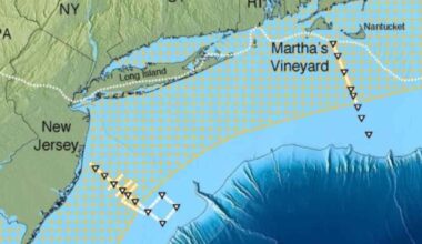 Map of the northeastern United States Atlantic coast showing offshore areas where a freshwater aquifer was discovered beneath the seabed