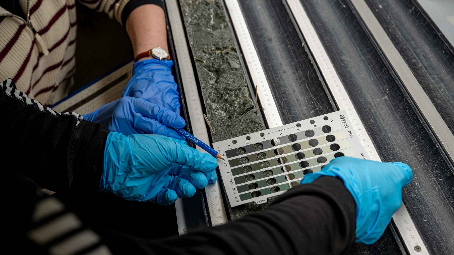 Close-up of scientists in blue gloves using a color chart to analyze a dark sediment core extracted from the Atlantic seafloor.