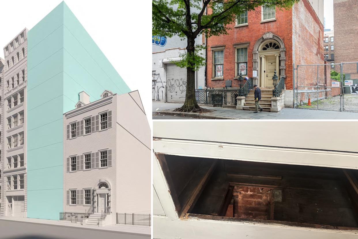 Illustration of a proposed building for 27 East 4th Street, New York City, next to the Merchant's House Museum, Exterior of the Merchant's House Museum, a 19th-century brick building, with a man walking up its front steps, Hidden compartment at the Merchants House Museum, an NYC site of the Underground Railroad