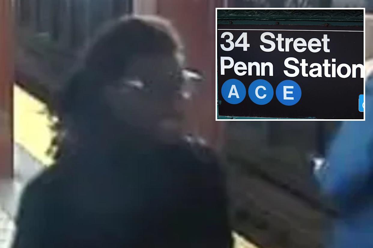 An image collage containing 2 images, Image 1 shows The suspect of the fatal 34th Street-Penn subway station assault seen on the platform before he fled the area, Image 2 shows Sign for the 34 Street Penn Station subway stop with blue circles for the A, C, and E lines