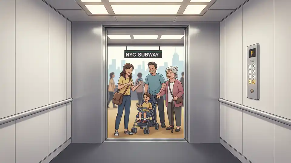 Modern elevator interior at New York City subway station with stainless steel doors, updated control panel, and accessibility features including braille buttons and handrails