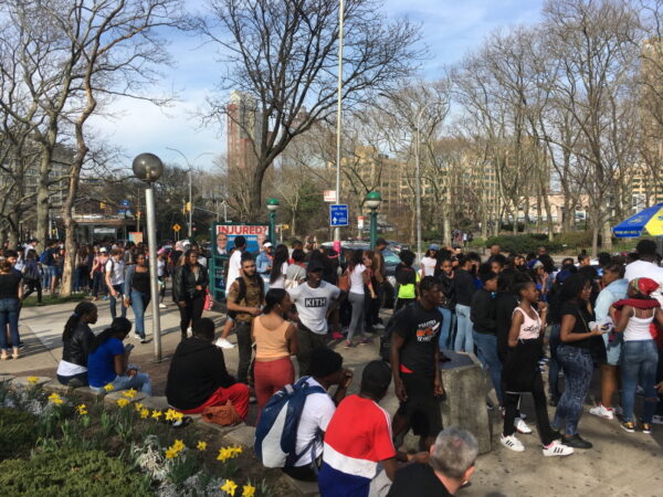 Thousands of park goers streamed out of Brooklyn Bridge Park along Old Fulton Street to Cadman Plaza West, shown above, in 2017 after sections of the park were evacuated by police. Photo: Mary Frost/Brooklyn Eagle