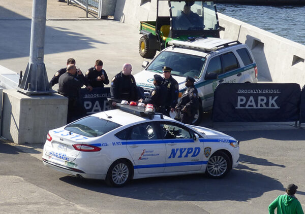 Police closed down Brooklyn Bridge Park’s Pier 2 in April 2016 after large crowds, violent incidents and death threats on Facebook. Photo: Mary Frost/Brooklyn Eagle