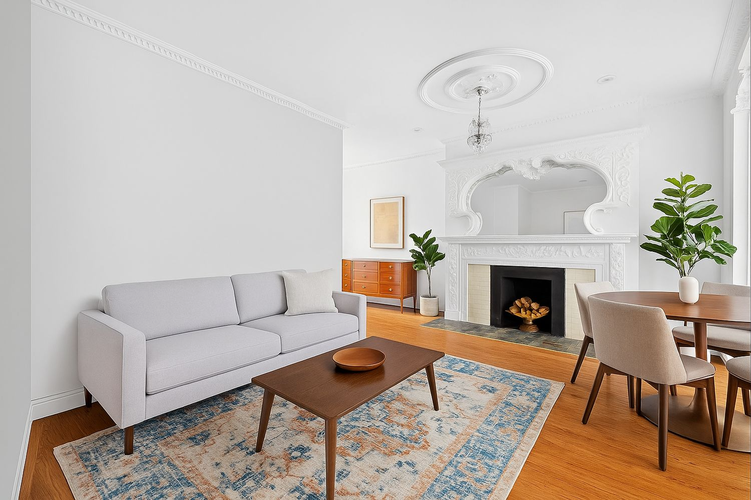 living room with a mantel