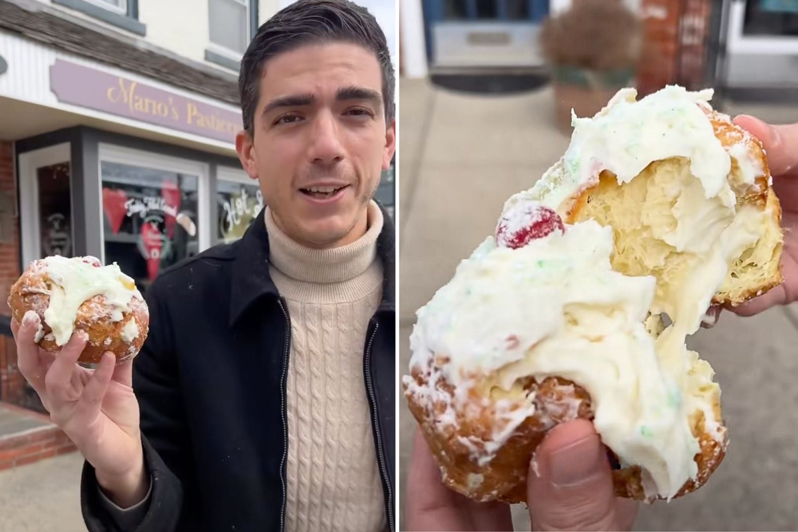 Brooklyn Bitess food blogger Giuseppe Falanga holds a freshly filled sfingi outside Mario’s Pasticceria in Babylon Village during a Long Island visit.