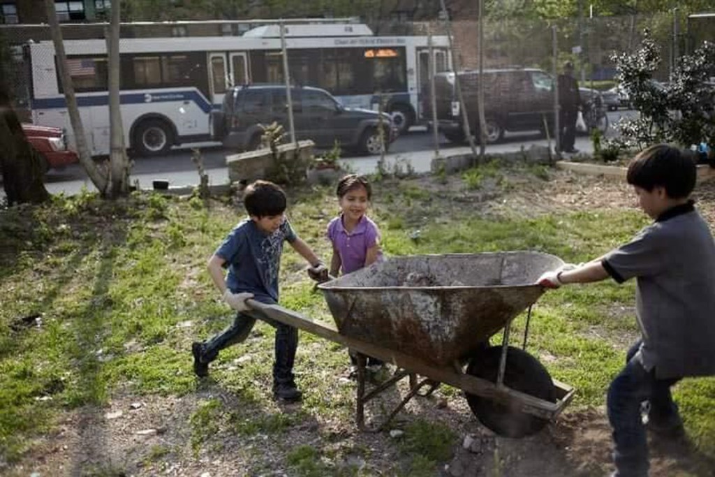 Children help do gardening work inside Bushwick City Farm.