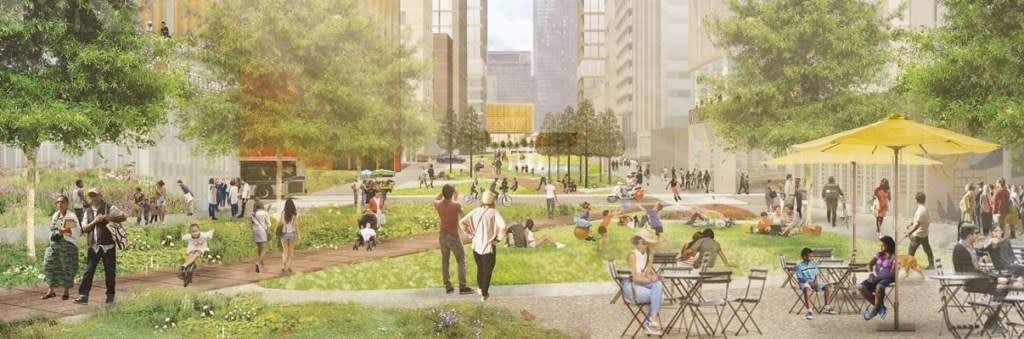 A 2020 rendering of the proposed Sunnyside Yard community. NYCEDC