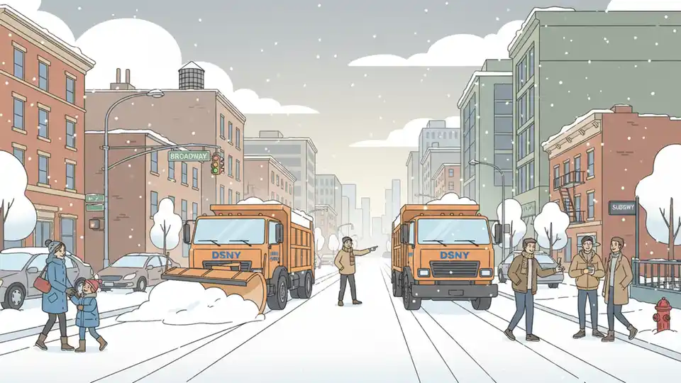 New York City street covered in snow with sanitation trucks plowing and salt spreaders working, buildings visible in background