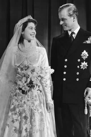 Princess Elizabeth with her husband Phillip, Duke of Edinburgh, on their wedding day, 20th November 1947.Credit: Hulton-Deutsch Collection/Corbis via Getty