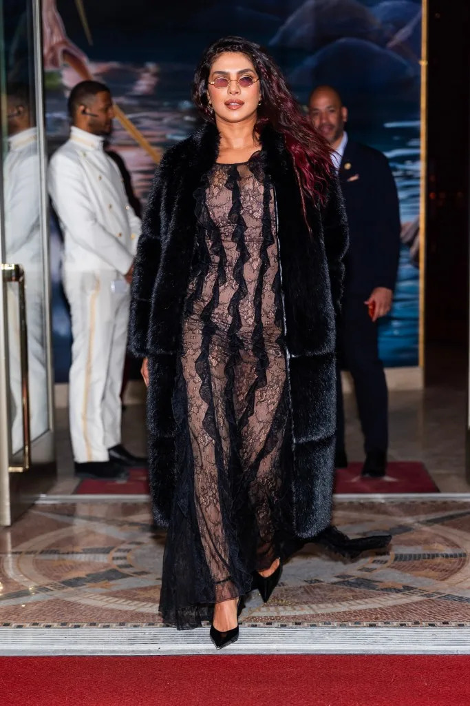Priyanka Chopra slipped into a totally sheer lace gown in NYC on Thursday. GC Images