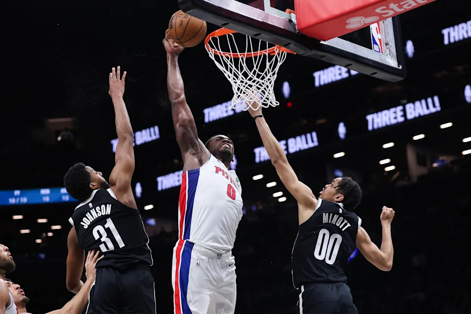 NEW YORK, NEW YORK – MARCH 10: Jalen Duren #0 of the Detroit Pistons dunks the ball during the third quarter against the Brooklyn Nets at Barclays Center on March 10, 2026 in the Brooklyn borough of New York City. NOTE TO USER: User expressly acknowledges and agrees that, by downloading and or using this photograph, user is consenting to the terms and conditions of the Getty Images License Agreement. (Photo by Ishika Samant/Getty Images) | Getty Images